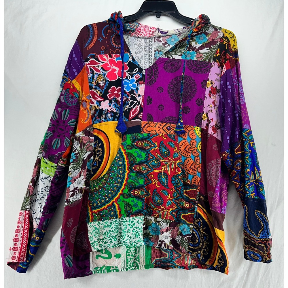 Boho Patchwork Hoodie Paisley Floral Print Multicolor Tassel Top Womens Size L